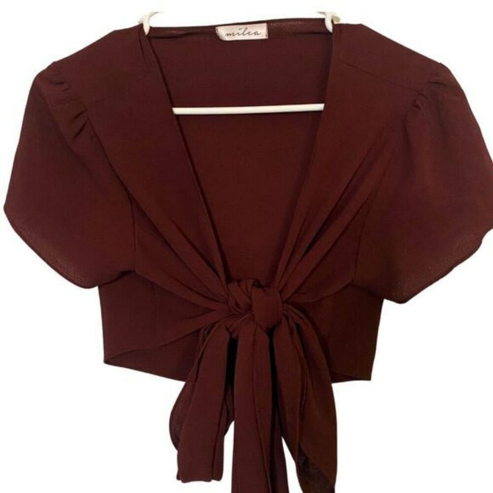 milea | Cropped Tie Wrap Top Burgundy Short Sleeve Deep V with Bow made in USA